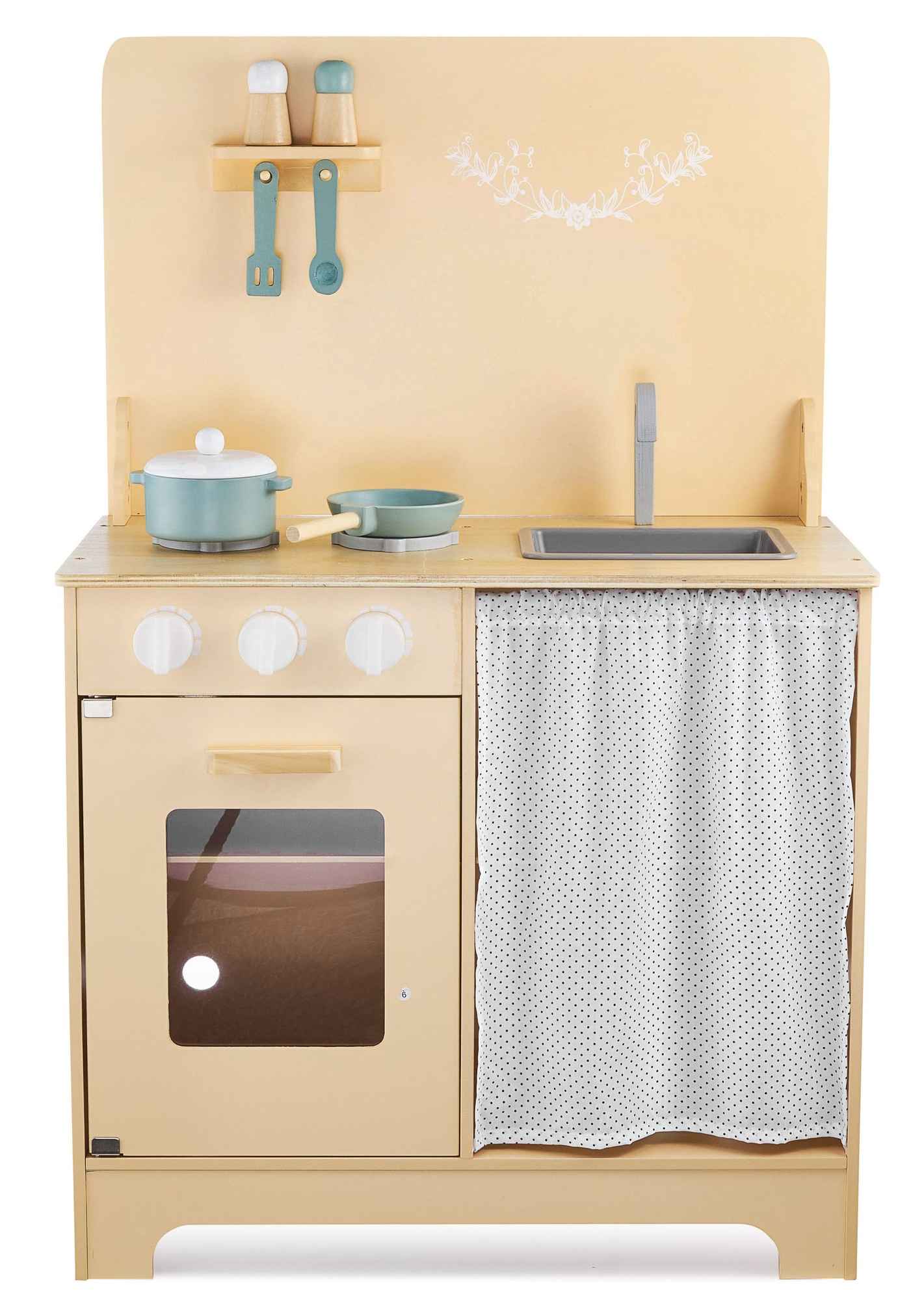 Trækøkken med forklæde, tilbehør og LED-belysning