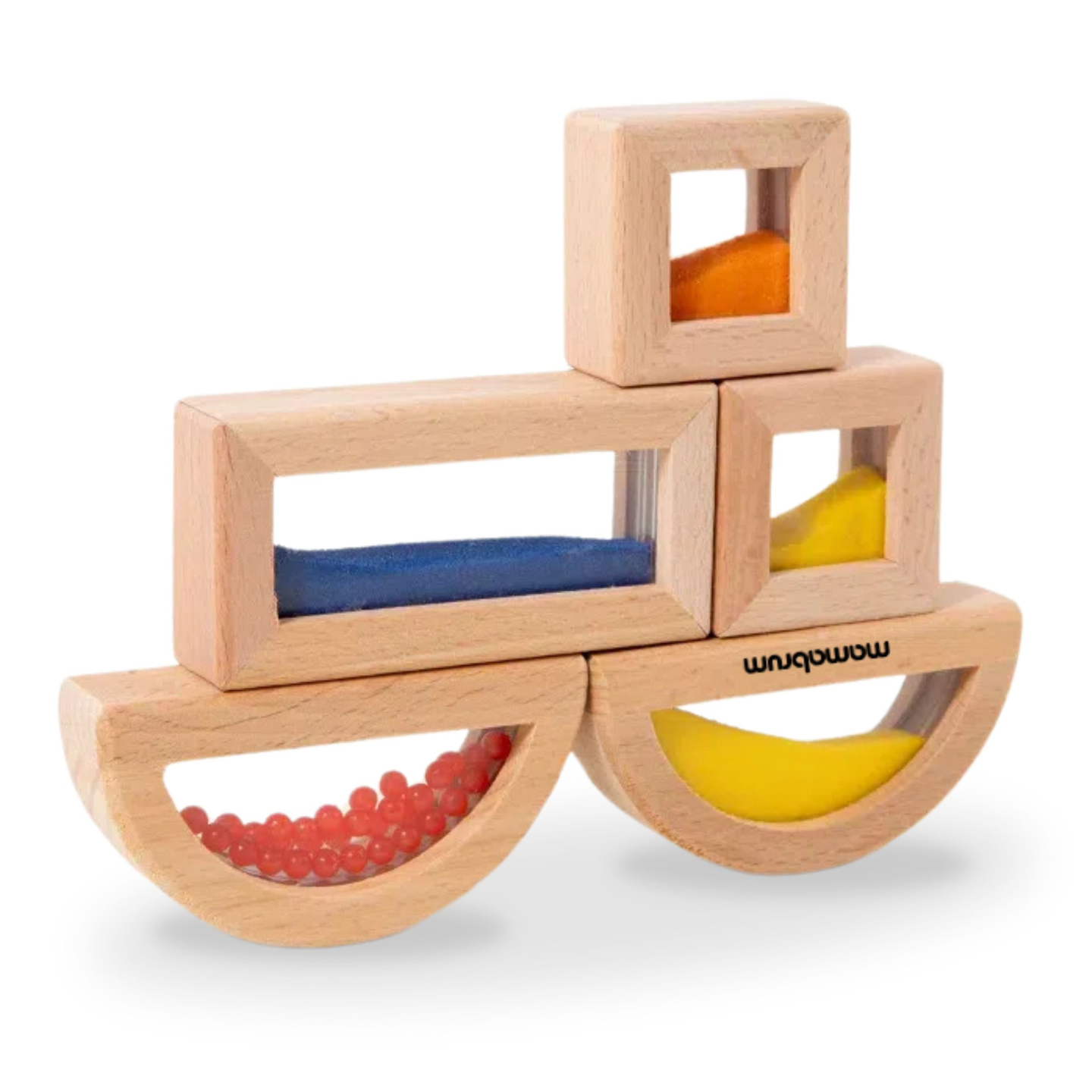 Sæt med sanseklodser af træ med forskelligt fyld - 15 stk