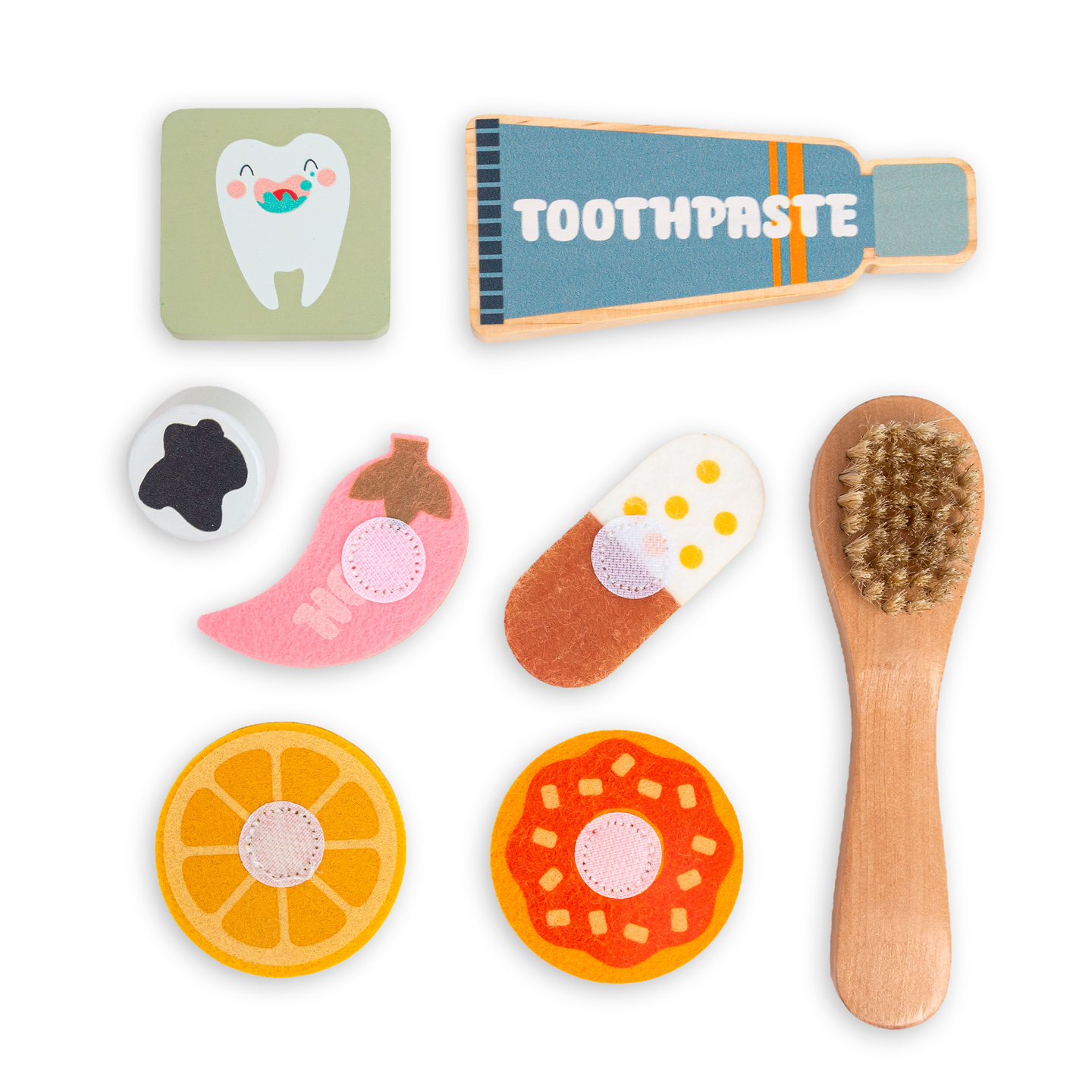 Træ Montessori pædagogisk tavle Lille tandlæge - tandbørste, tandpasta, aftagelige tænder, spejl, mad, læringssmag
