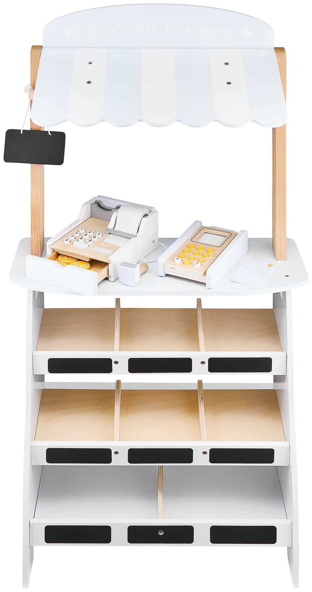 Grøntsagsbutik - træbod med kasser, kasseapparat og terminal