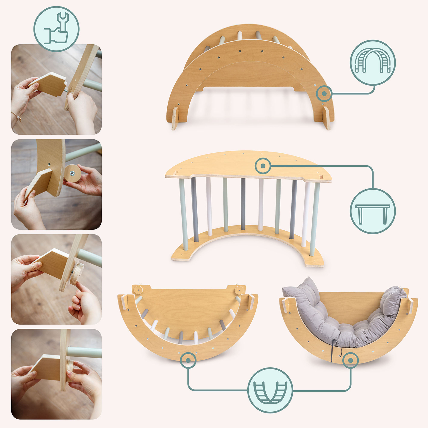 Indendørs trælegeplads til børn - klatrevæg, rutsjebane, klatrebue/vippe og Piklers trekant