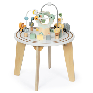 Rundt uddannelsesbord af træ med et magnetisk tog og en perlekaster