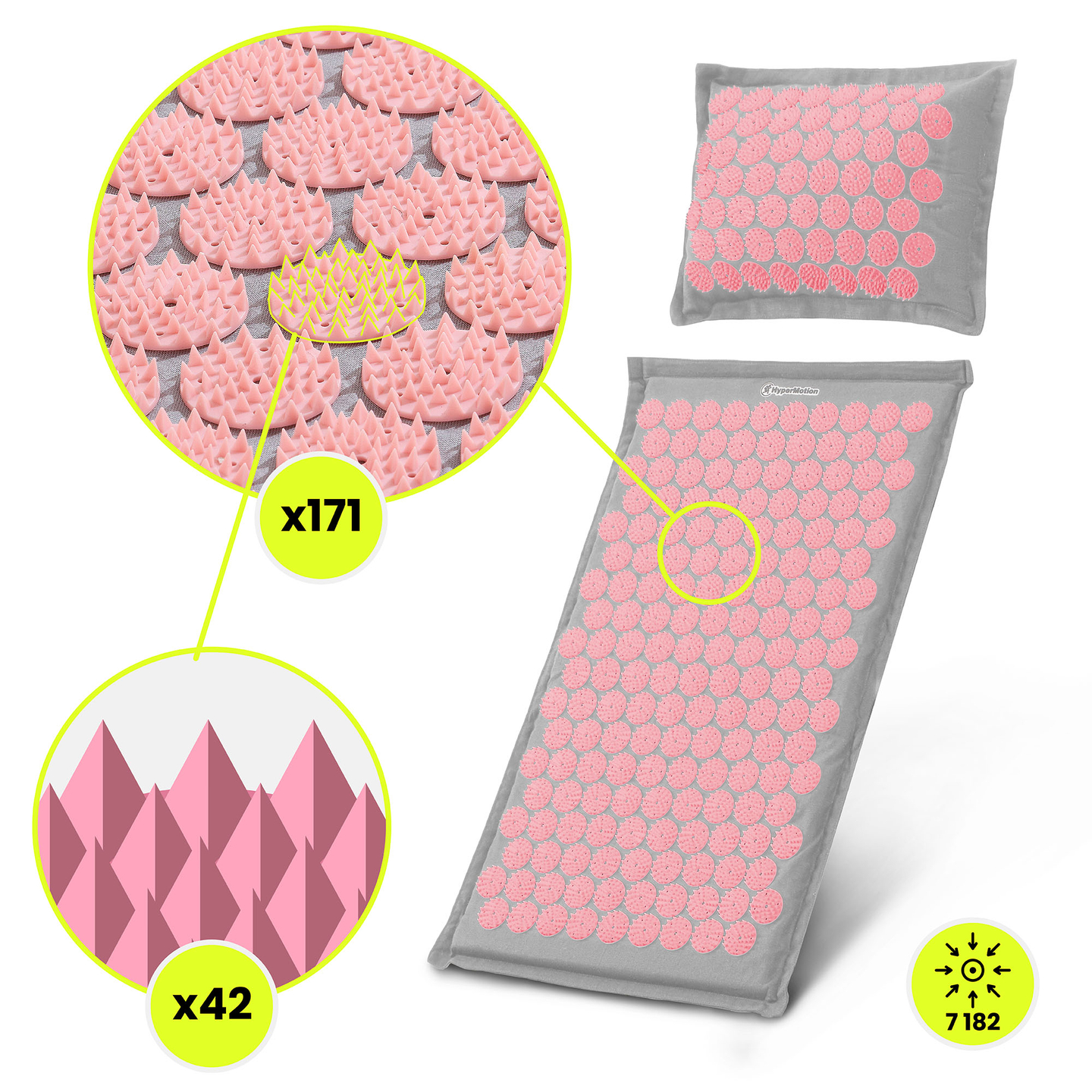 ECO akupressurmåtte i hør med kokosfibre og boghvedepude – 68 cm HyperMotion grå og pink