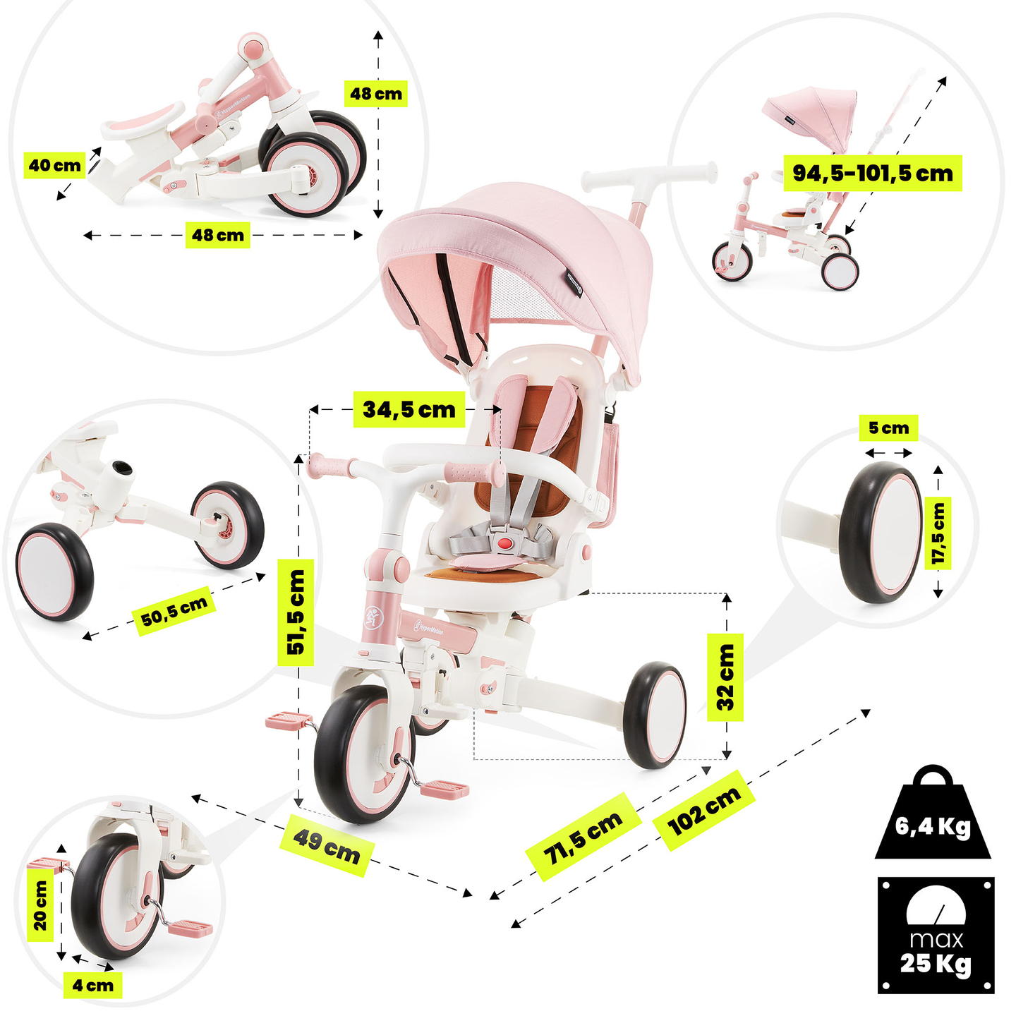 8-i-1 multifunktionel trehjulet cykel TOBI FOREST - pink