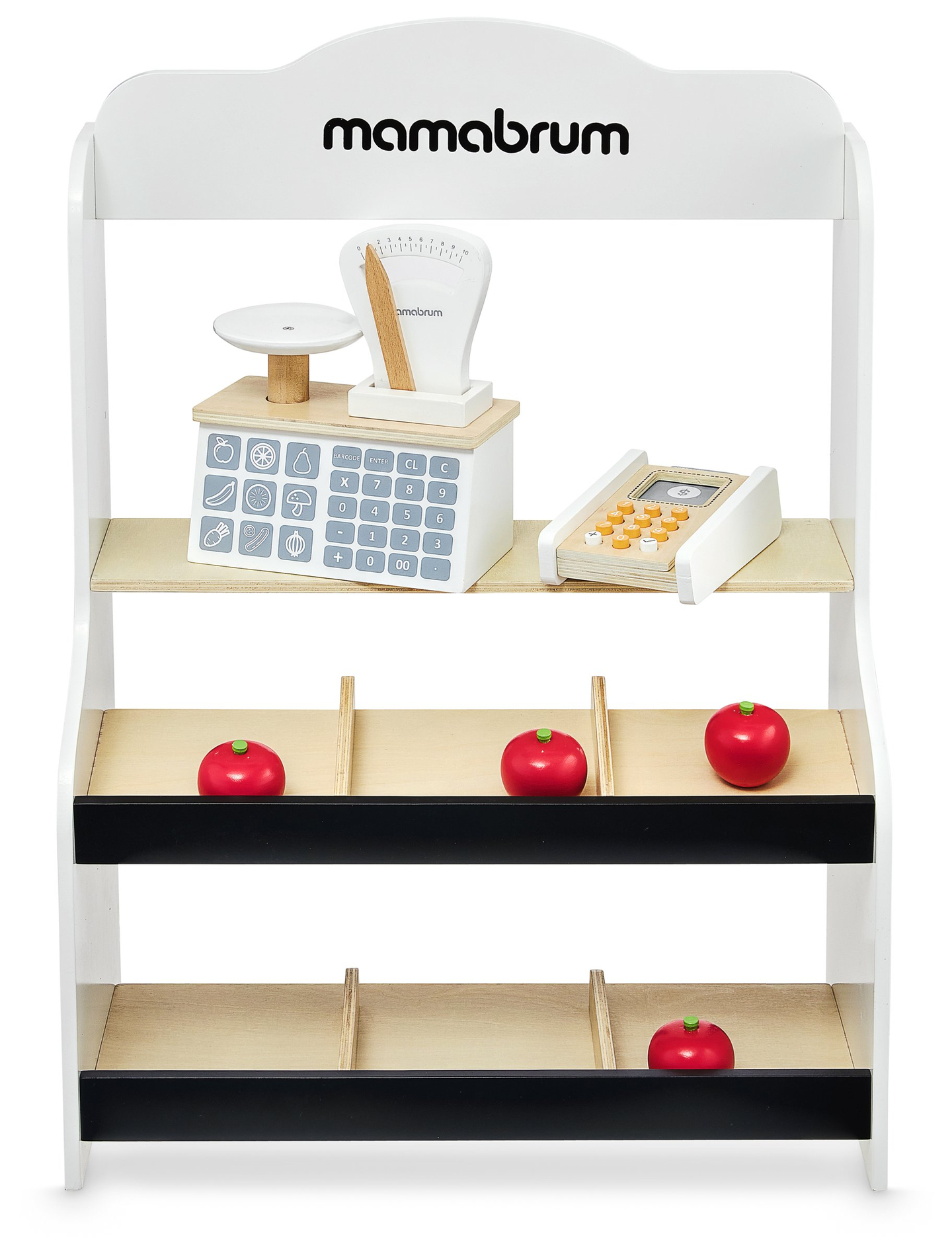 Minimarked - butik med vægte, terminal, betalingskort og frugt