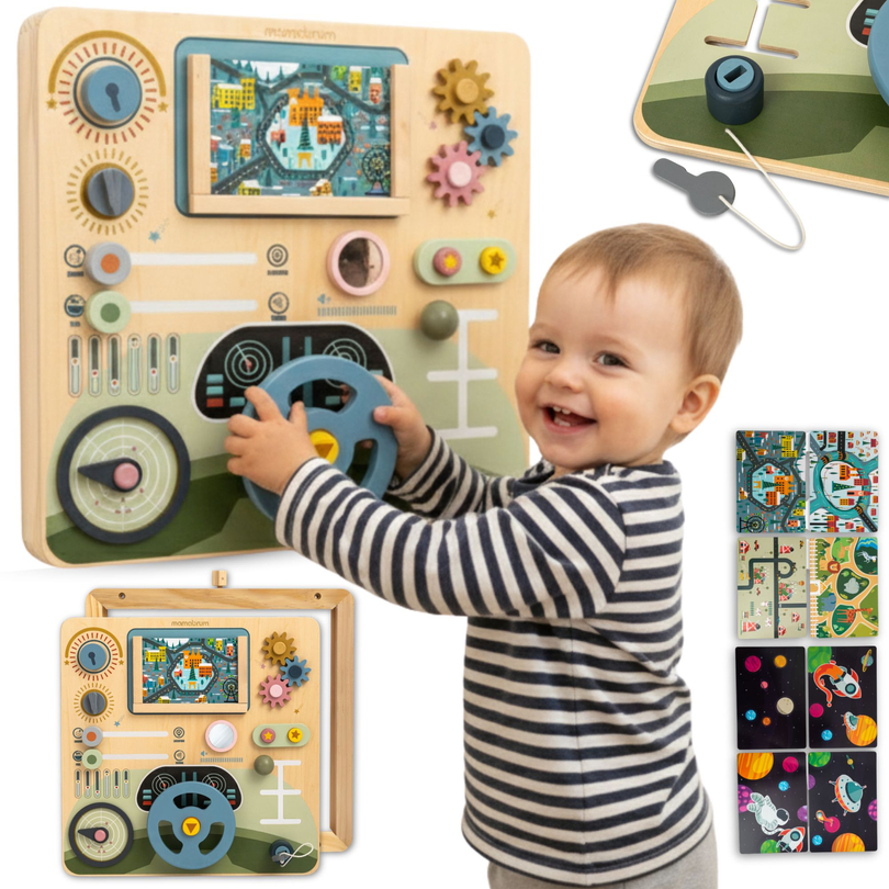 Træ Montessori-bræt 2 i 1 cockpit til den lille chauffør og pilot – rat, gearstang, rejsekort, radar