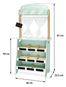 Stor træbutik - bod og teater 2 i 1 med vægt, betalingsterminal, frugt og grøntsager