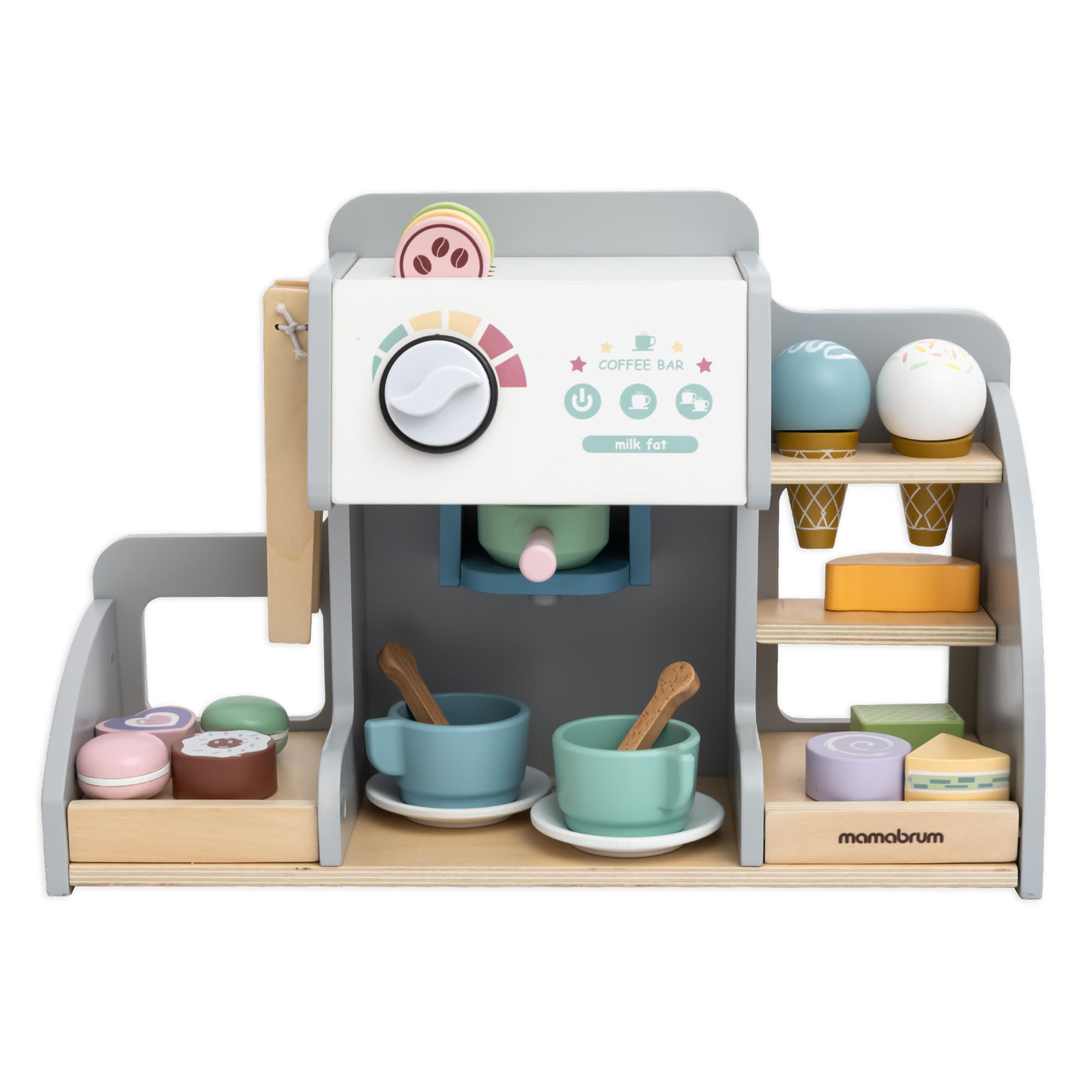 En stor isbar i træ med magnettavle, kaffemaskine og is- og dessertsæt - over 70 dele!