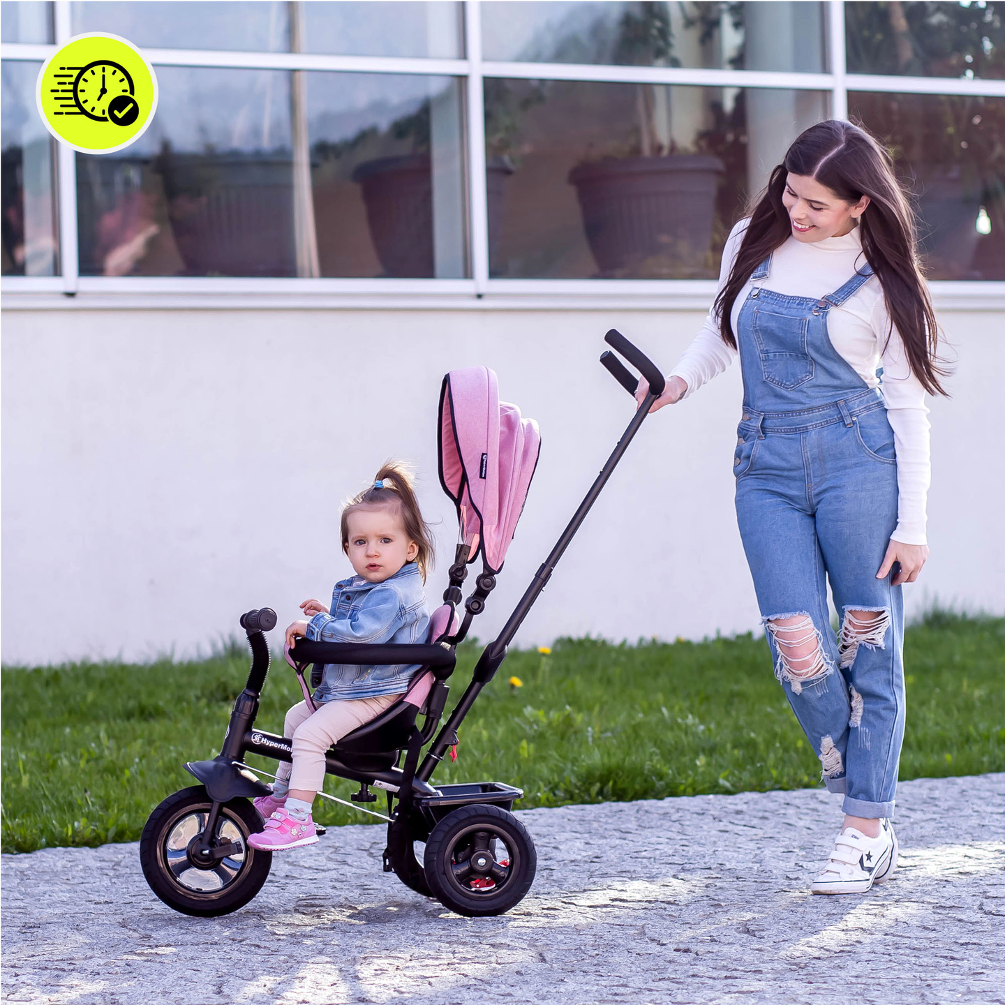 Trehjulet cykel til børn 1-4 år - TOBI FREY - lyserød farve - drejelig - pumpede hjul + skubber